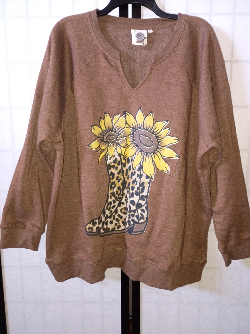 Women's Brown V-Neck Sweater with Sunflower & Leopard Boot Graphic